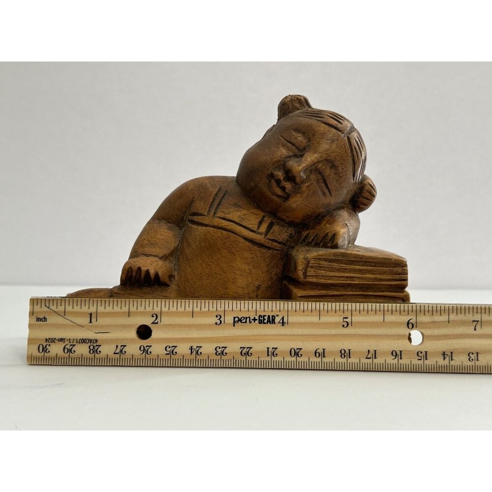 Vintage Wooden Sleeping Asian Child Resting on Books Lucky Charm Oriental Decor - Picture 7 of 8